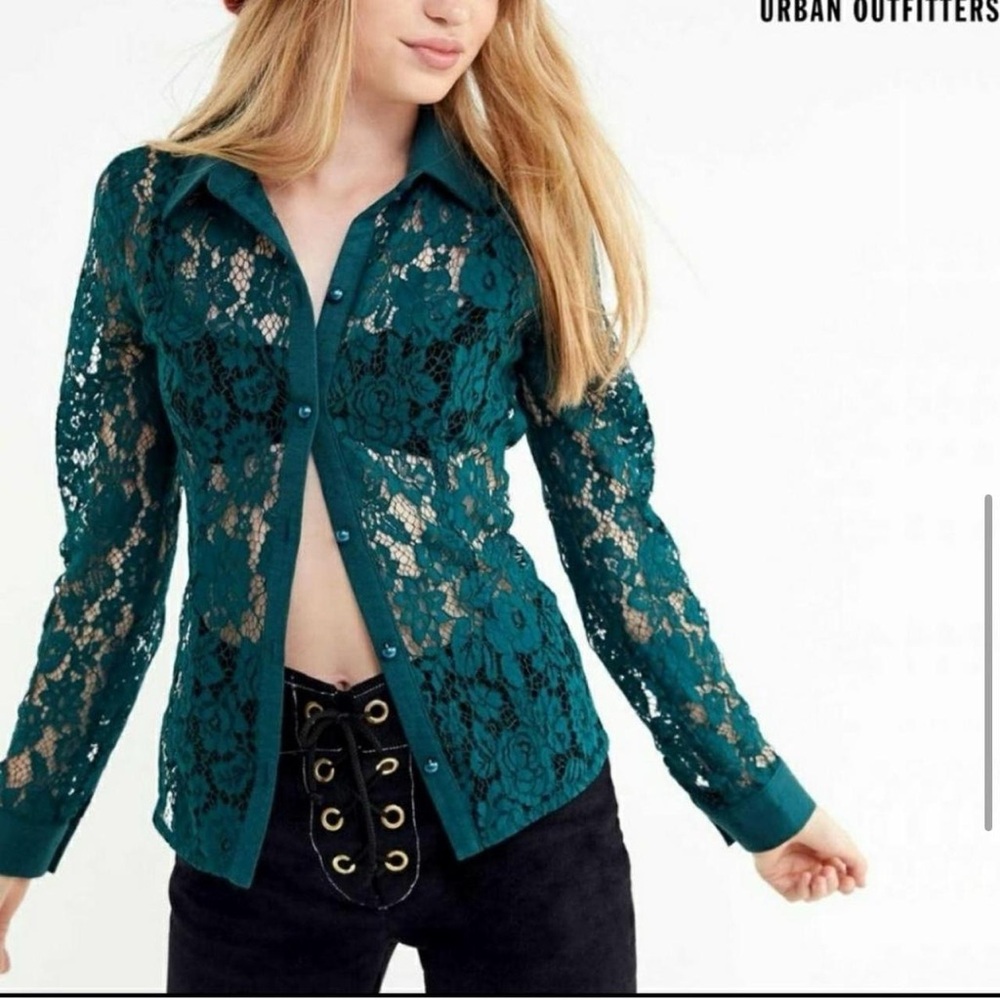 Urban Outfitters Green Lace Button-Down Blouse XS - Picture 1 of 5